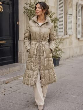 Down & Feather Vintage Puffer Coat Beige Hooded Belted Maxi Winter Jacket M